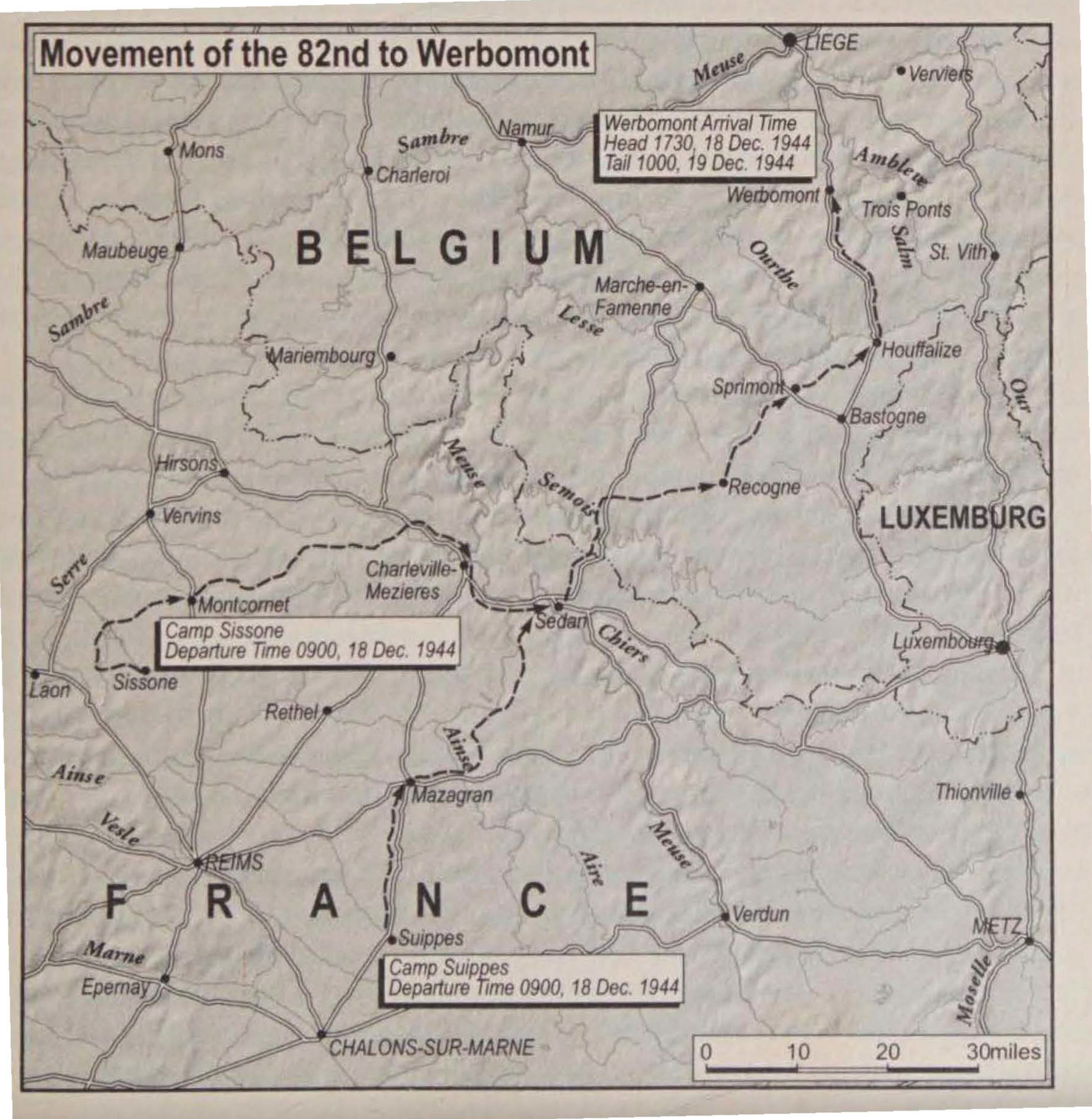 Map showing movement of 82nd Airborne Division from Camp Sissonne to Werbomont, 18 December 1944